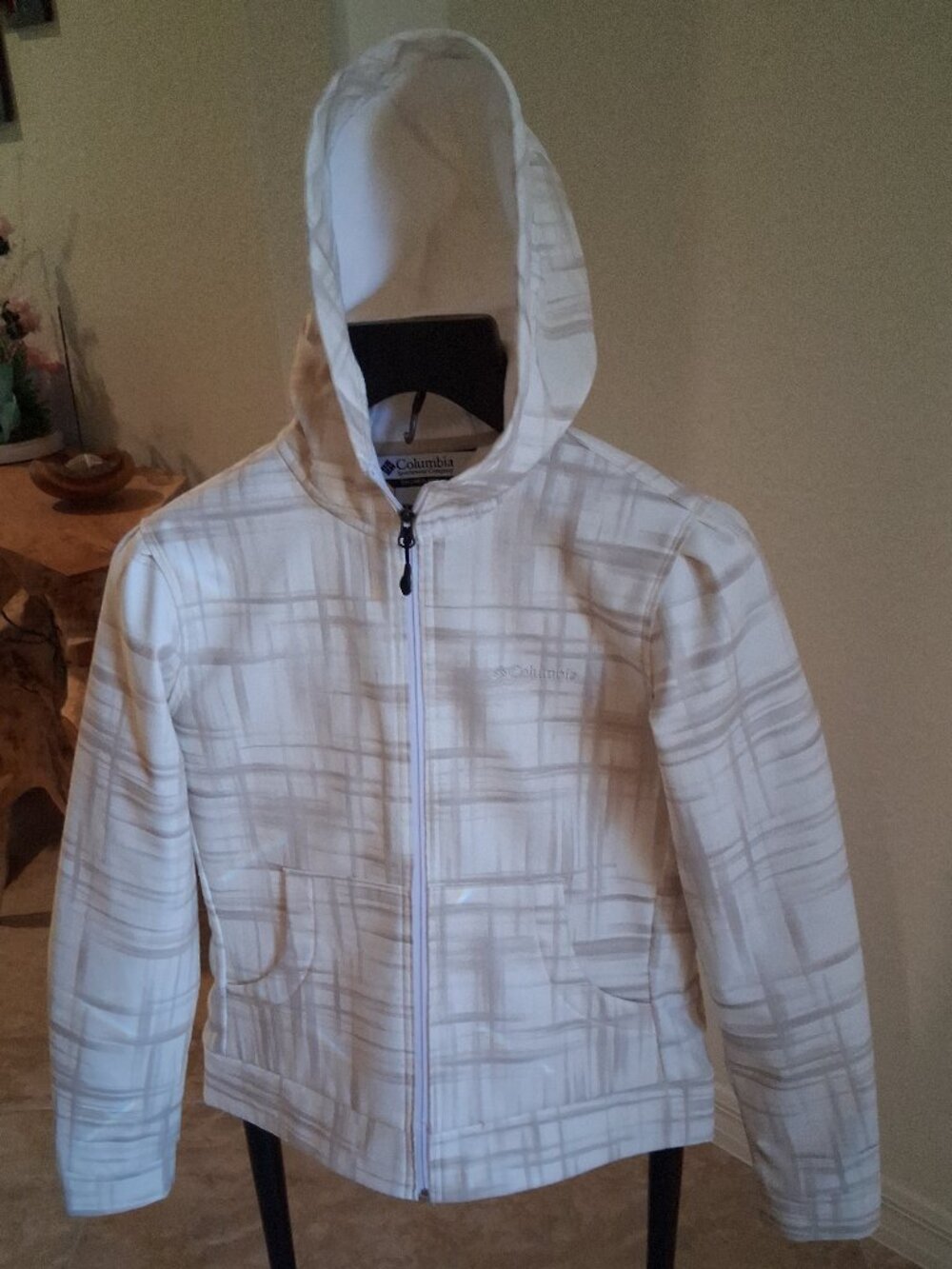 Columbia Cream Tan Abstract Crosshatch Full Zip Fleece Hoodie Jacket Size M - Picture 3 of 4